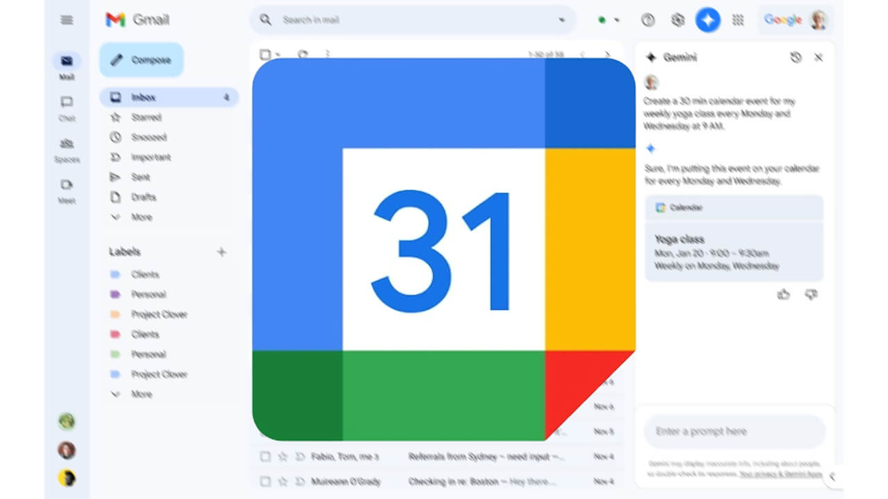 Gmail、「Gemini（サイドパネル）」Google カレンダー機能追加